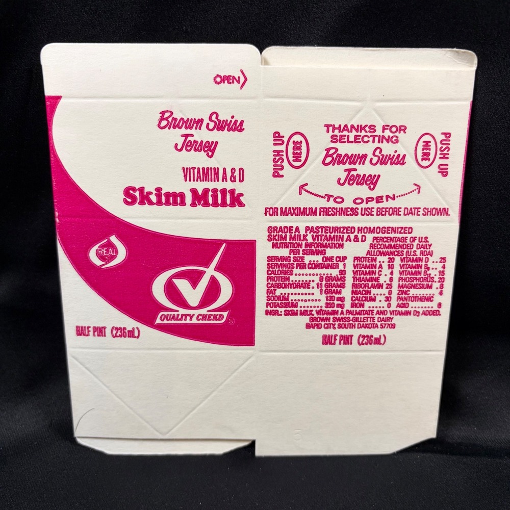 Vintage Brown Swiss Dairy Skim Milk Carton Flat Rapid City SD Quality Chekd